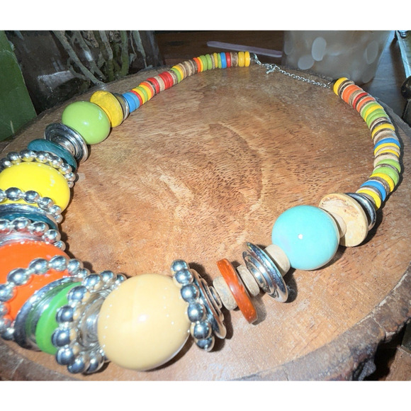 Colorful Boho Mixed Medium Statement Necklace‎ Artsy Bright - Picture 3 of 8